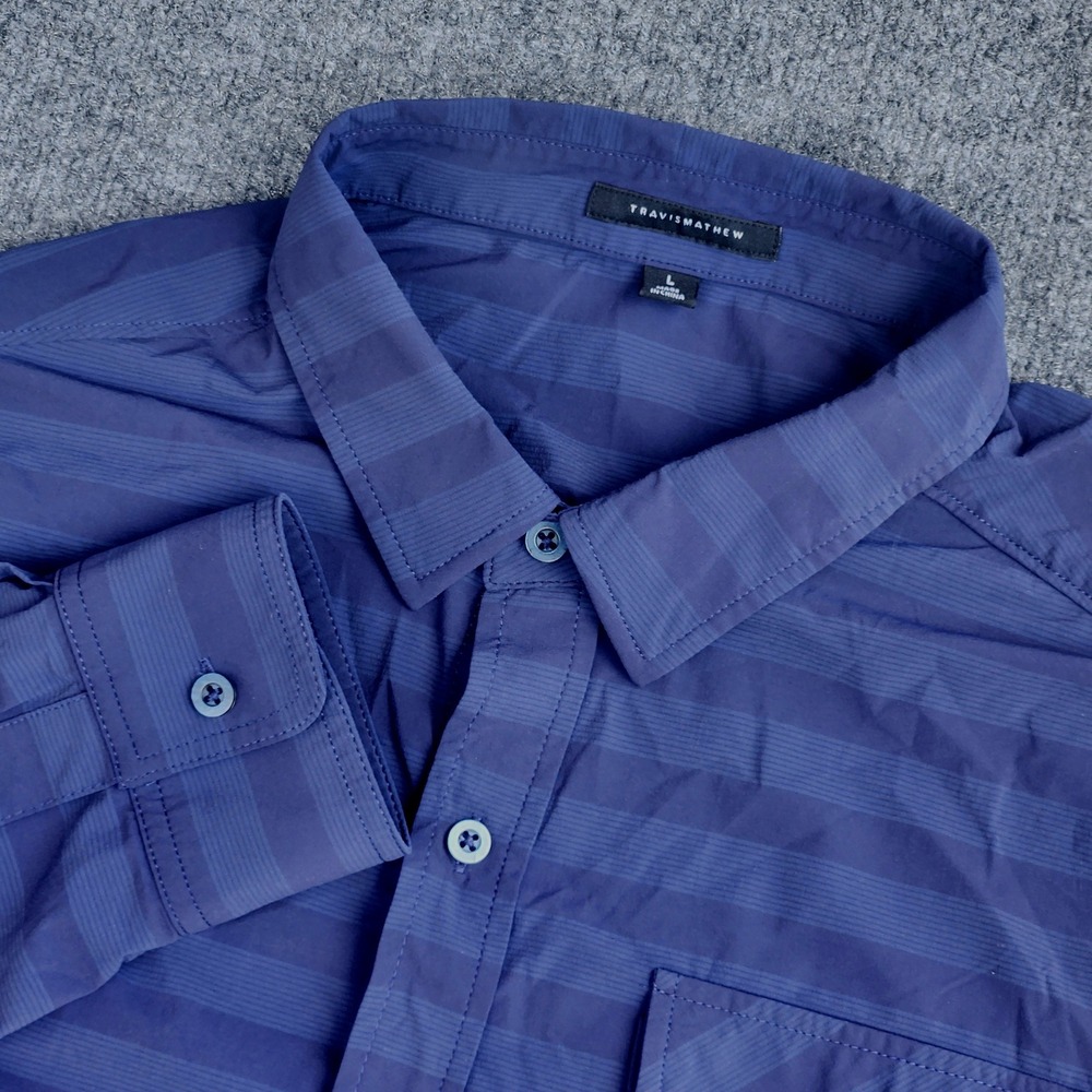 Travis Mathew Striped Button Down Shirt Performance navy Blue stretch‎ Mens sz L